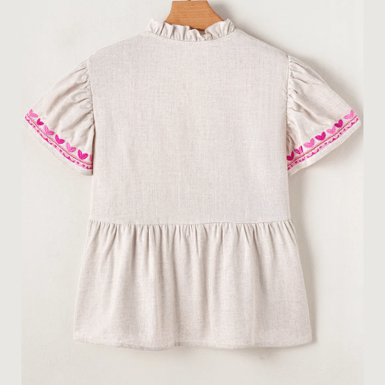 REDUCED!!! Quella Beige Floral Embroidered Short Sleeve Notched V Neck Blouse REDUCED!!!
