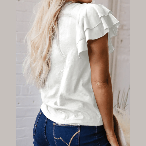 Cynthia White Layered Ruffle Short Sleeve Round Neck Top