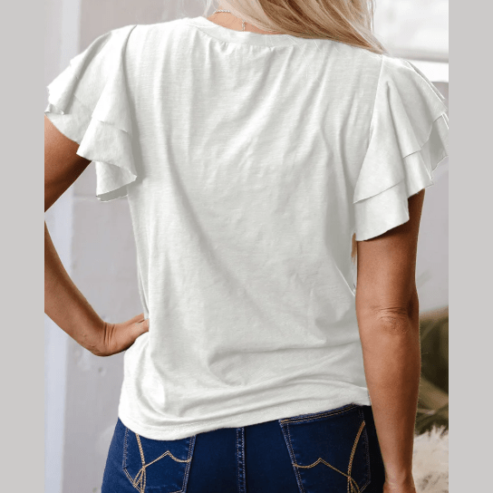 Cynthia White Layered Ruffle Short Sleeve Round Neck Top