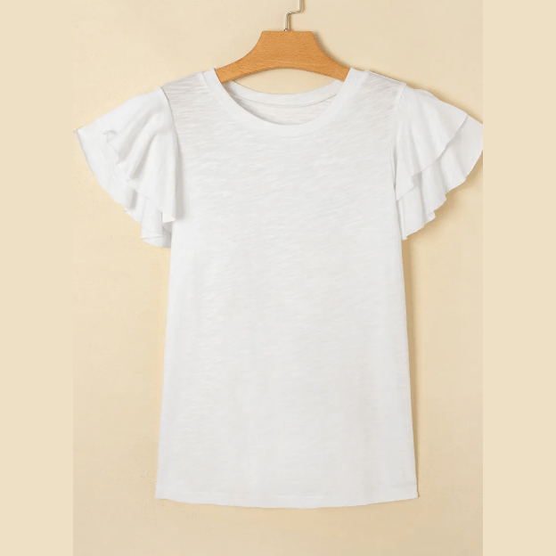 Cynthia White Layered Ruffle Short Sleeve Round Neck Top