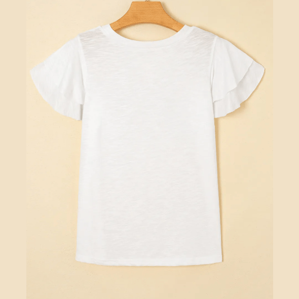 Cynthia White Layered Ruffle Short Sleeve Round Neck Top