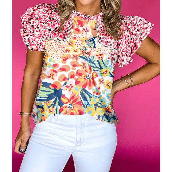 Zinnia Red Floral Mixed Print Ruffle Cap Sleeve Blouse