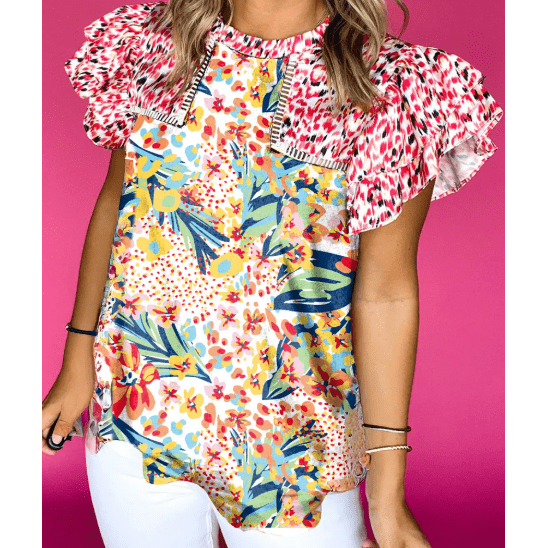 Zinnia Red Floral Mixed Print Ruffle Cap Sleeve Blouse