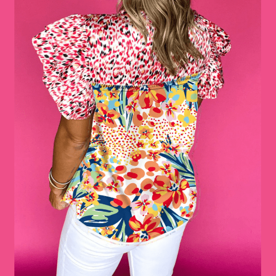 Zinnia Red Floral Mixed Print Ruffle Cap Sleeve Blouse