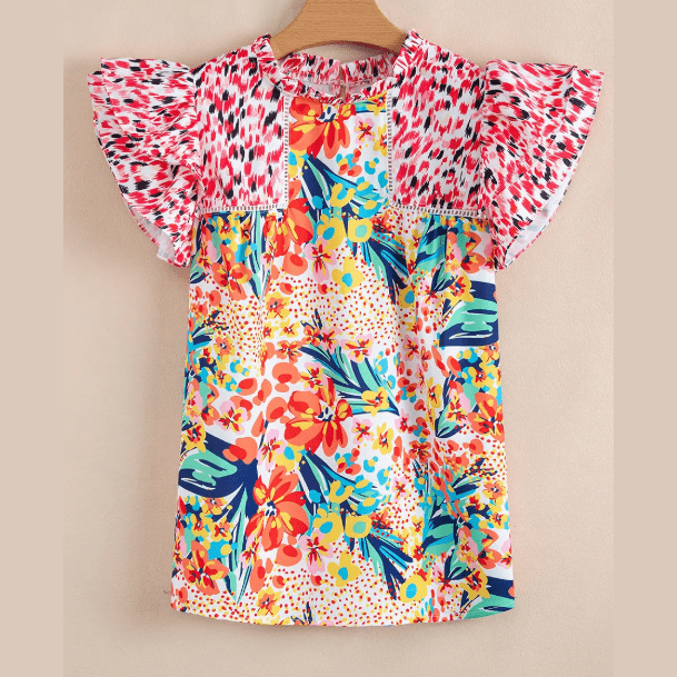 Zinnia Red Floral Mixed Print Ruffle Cap Sleeve Blouse