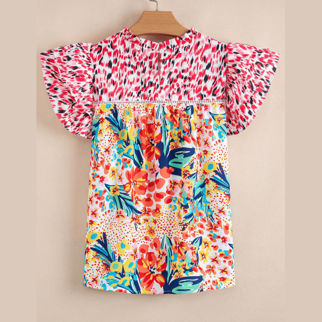 Zinnia Red Floral Mixed Print Ruffle Cap Sleeve Blouse