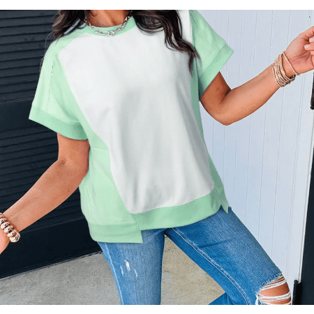 Mandie Light Green Color Block Exposed Seam Crew Neck T Shirt