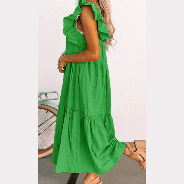 Sarah Green Ruffled Flutter Sleeve Square Neck Textured Tiered Maxi Dress