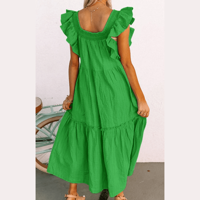 Sarah Green Ruffled Flutter Sleeve Square Neck Textured Tiered Maxi Dress