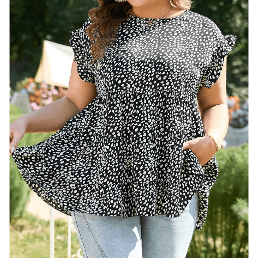 REDUCED!!! Arica Black Leopard Print Ruffled Short Sleeve Keyhole Back Tiered Flowy PLUS SIZE Blouse REDUCED!!!