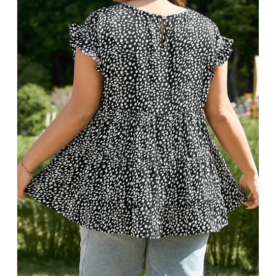 REDUCED!!! Arica Black Leopard Print Ruffled Short Sleeve Keyhole Back Tiered Flowy PLUS SIZE Blouse REDUCED!!!