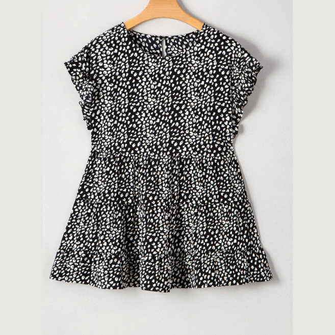 REDUCED!!! Arica Black Leopard Print Ruffled Short Sleeve Keyhole Back Tiered Flowy PLUS SIZE Blouse REDUCED!!!