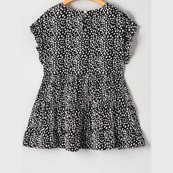 REDUCED!!! Arica Black Leopard Print Ruffled Short Sleeve Keyhole Back Tiered Flowy PLUS SIZE Blouse REDUCED!!!