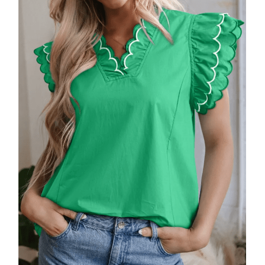 Jerika Bright Green Contrast Scallop Trim Layered Short Sleeve V Neck Blouse