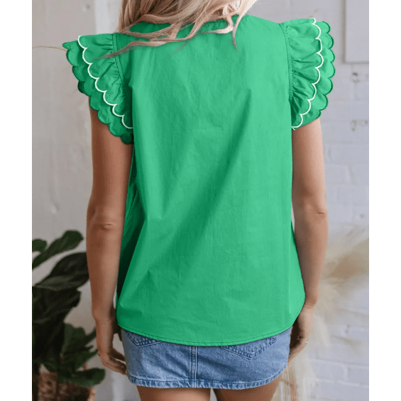 Jerika Bright Green Contrast Scallop Trim Layered Short Sleeve V Neck Blouse