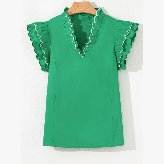 Jerika Bright Green Contrast Scallop Trim Layered Short Sleeve V Neck Blouse