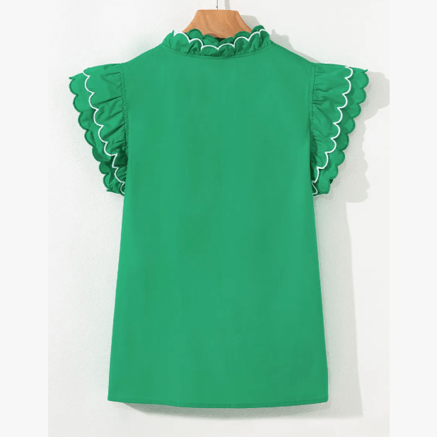 Jerika Bright Green Contrast Scallop Trim Layered Short Sleeve V Neck Blouse