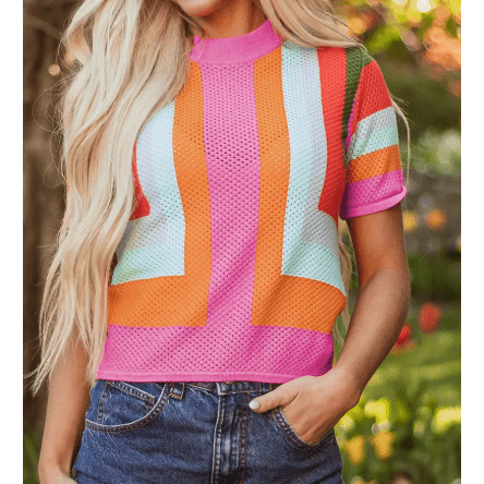 Krysta Orange Color Block Eyelet Casual Sweater T Shirt