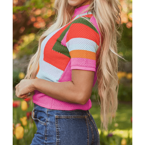 Krysta Orange Color Block Eyelet Casual Sweater T Shirt