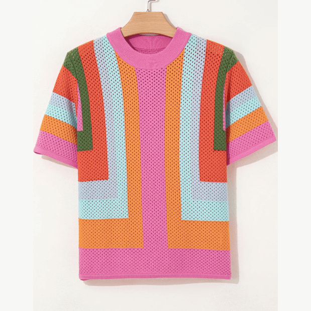 Krysta Orange Color Block Eyelet Casual Sweater T Shirt