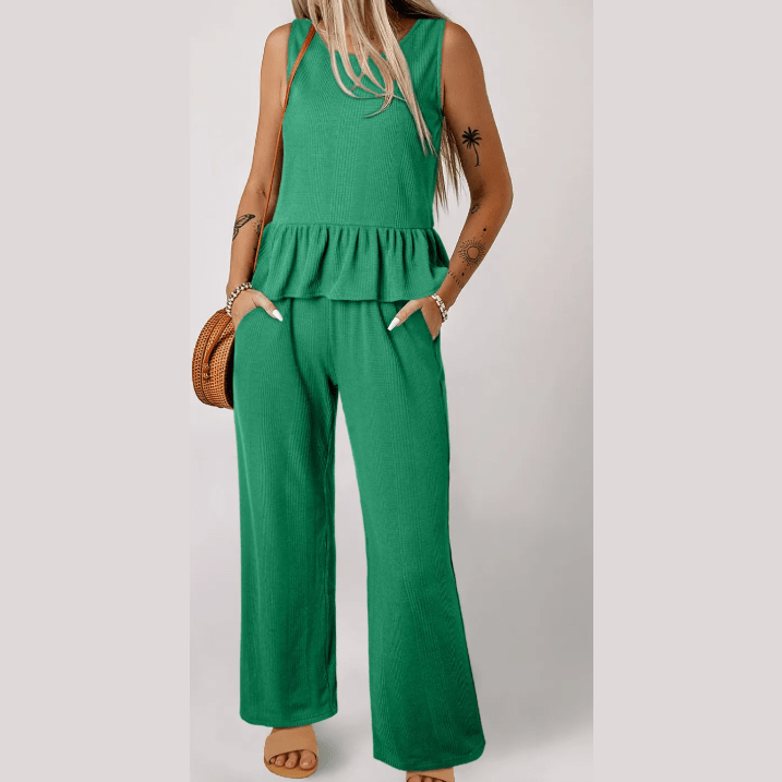 RTS Lia Green Ribbed Ruffle Tank Top and Pants Set