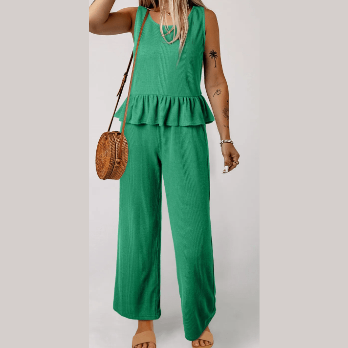 RTS Lia Green Ribbed Ruffle Tank Top and Pants Set
