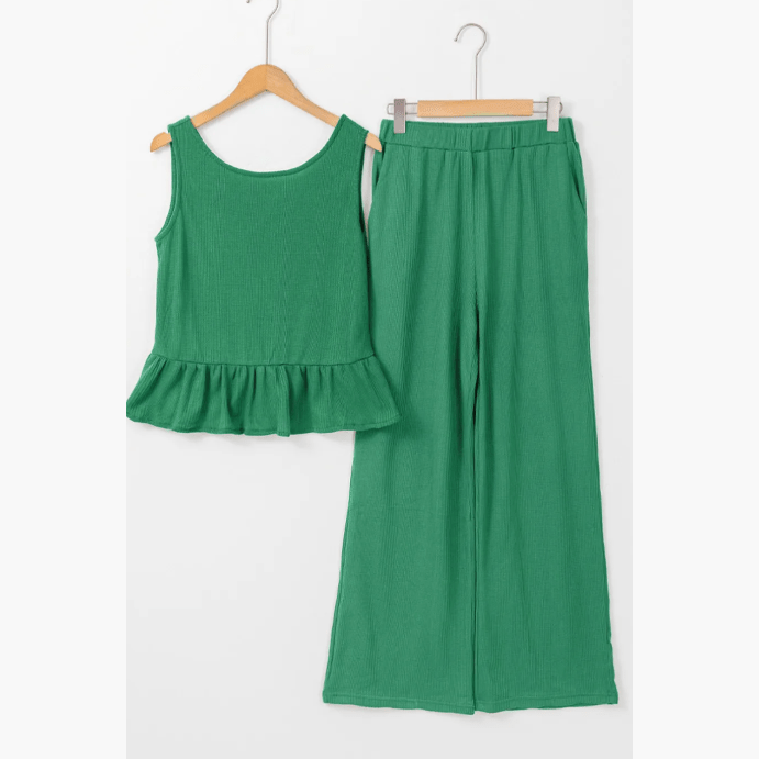 RTS Lia Green Ribbed Ruffle Tank Top and Pants Set