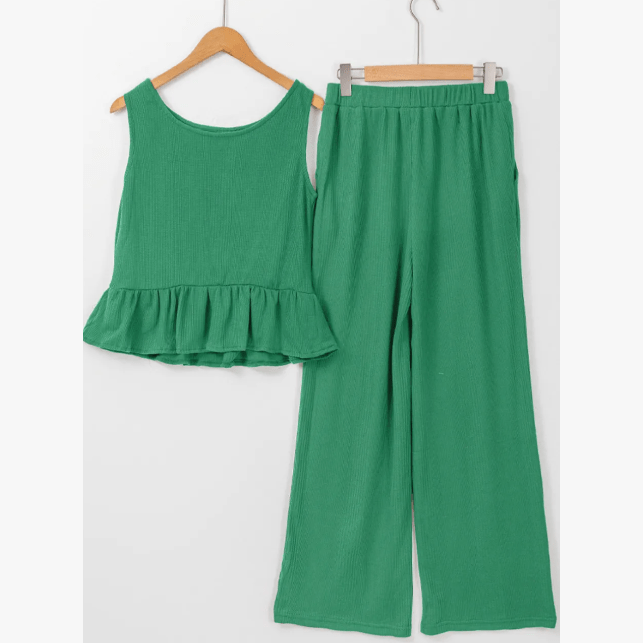 RTS Lia Green Ribbed Ruffle Tank Top and Pants Set