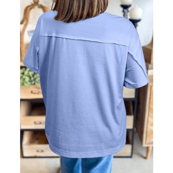 Dovie Sky Blue Flower Patched Exposed Stitching Trim Crew Neck Loose Tee
