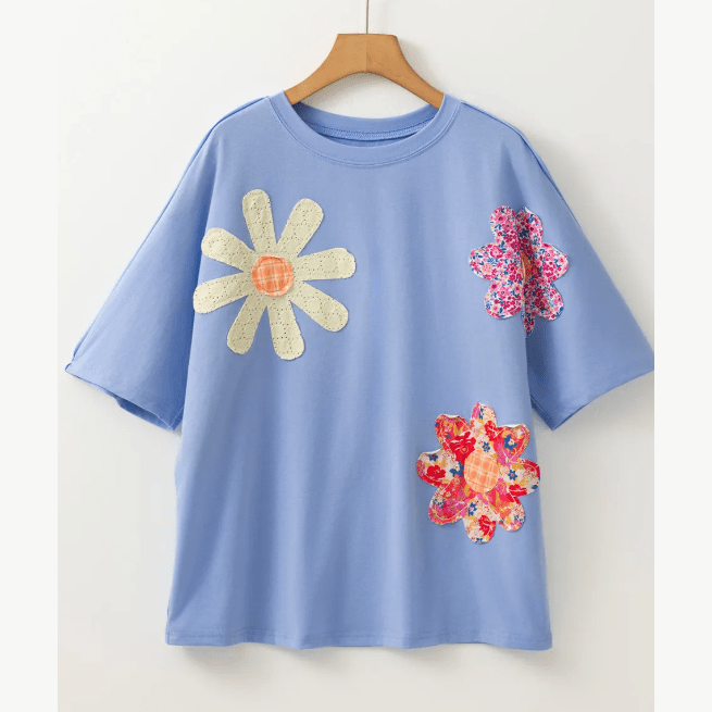 Dovie Sky Blue Flower Patched Exposed Stitching Trim Crew Neck Loose Tee