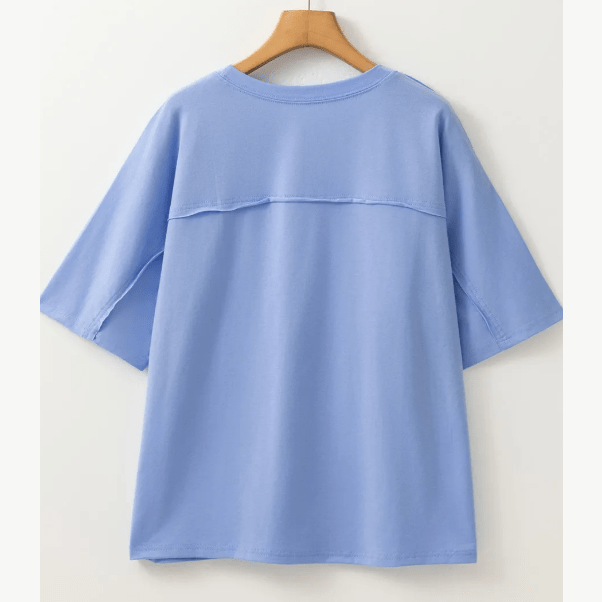 Dovie Sky Blue Flower Patched Exposed Stitching Trim Crew Neck Loose Tee