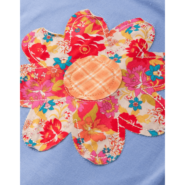 Dovie Sky Blue Flower Patched Exposed Stitching Trim Crew Neck Loose Tee