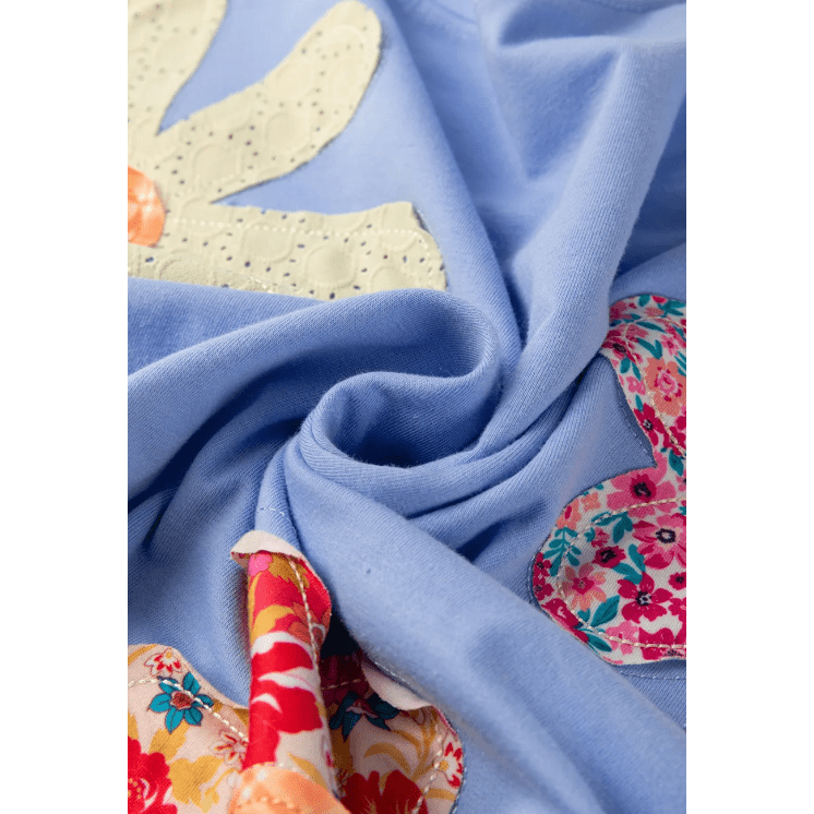 Dovie Sky Blue Flower Patched Exposed Stitching Trim Crew Neck Loose Tee