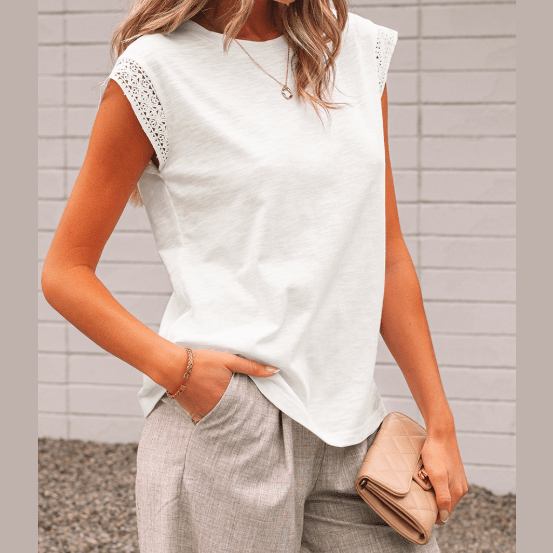 Evolet White Lace Patchwork Cap Sleeve Round Neck T Shirt