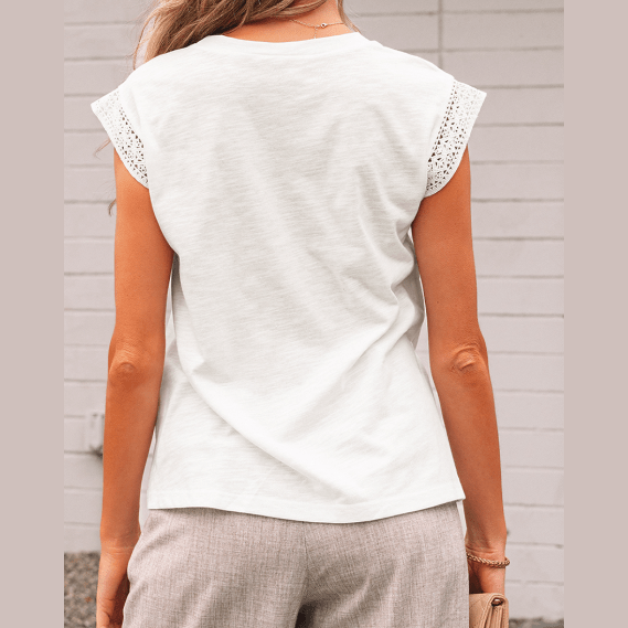 Evolet White Lace Patchwork Cap Sleeve Round Neck T Shirt