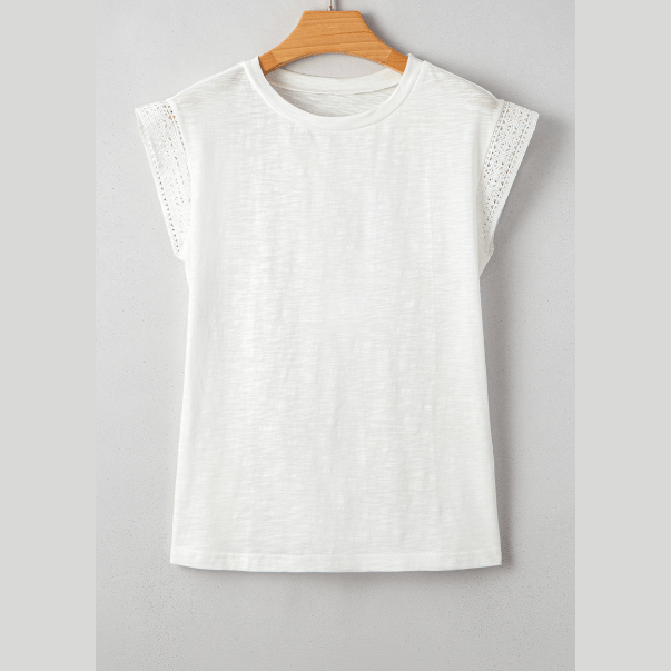 Evolet White Lace Patchwork Cap Sleeve Round Neck T Shirt