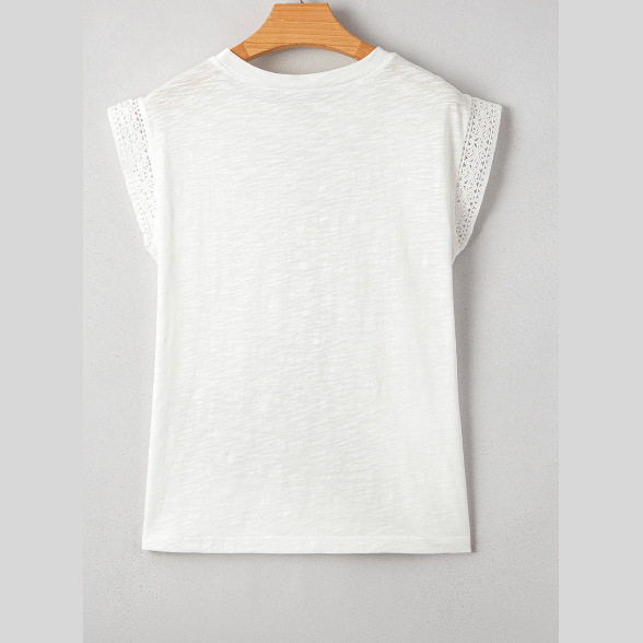 Evolet White Lace Patchwork Cap Sleeve Round Neck T Shirt