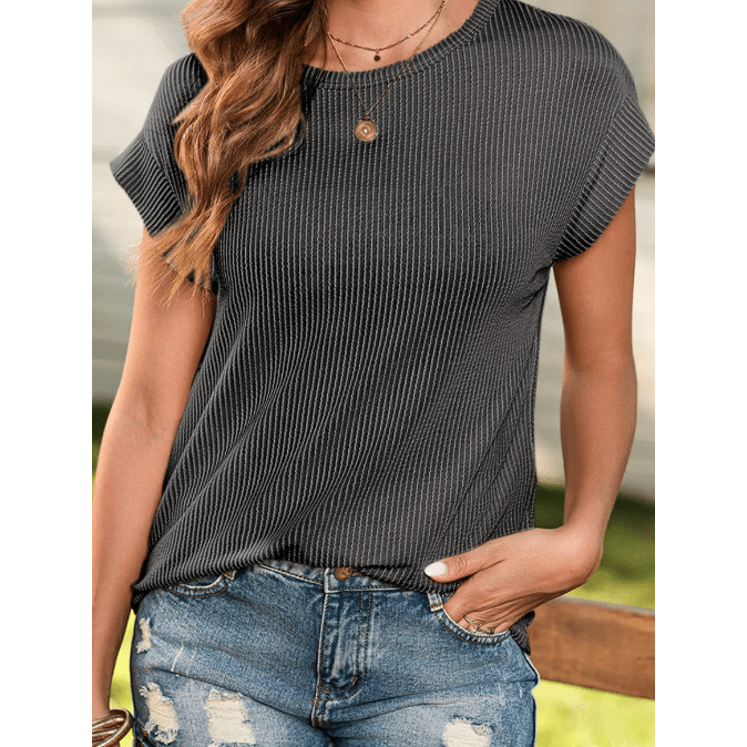 Suzette Charcoal Twisted Rib Wide Sleeve Crew Neck T Shirt