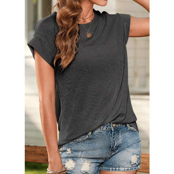 Suzette Charcoal Twisted Rib Wide Sleeve Crew Neck T Shirt