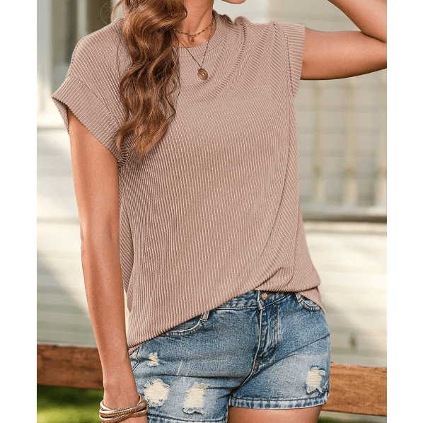 Suzette Khaki Twisted Rib Wide Sleeve Crew Neck T Shirt