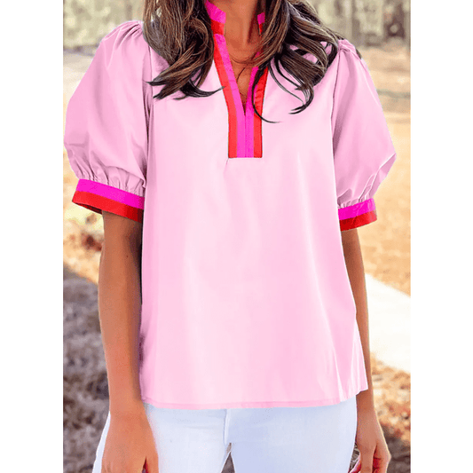 Nancie Pink Contrast Striped V Neck Collision Short Puff Sleeve Blouse