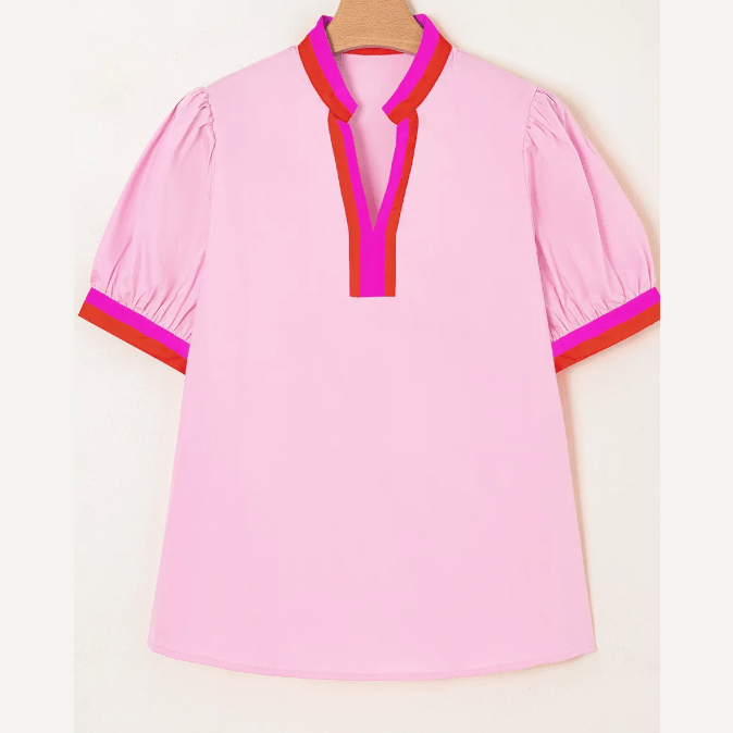 Nancie Pink Contrast Striped V Neck Collision Short Puff Sleeve Blouse