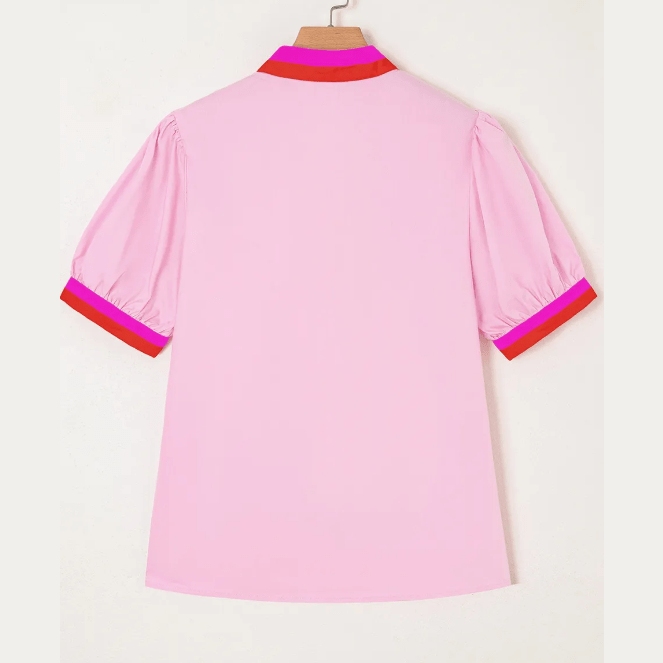Nancie Pink Contrast Striped V Neck Collision Short Puff Sleeve Blouse