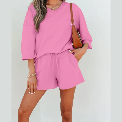 Meshelle Bonbon Pink Solid Loose V Neck Half Sleeve Tee and Shorts