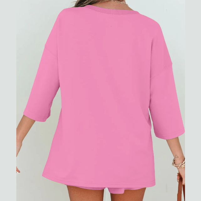 Meshelle Bonbon Pink Solid Loose V Neck Half Sleeve Tee and Shorts