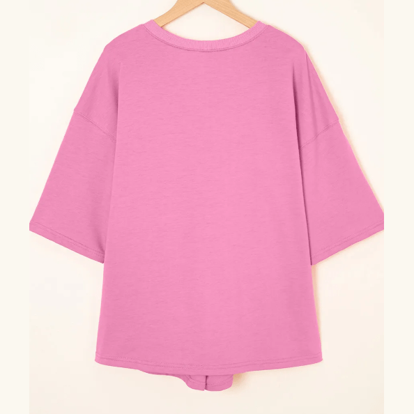 Meshelle Bonbon Pink Solid Loose V Neck Half Sleeve Tee and Shorts