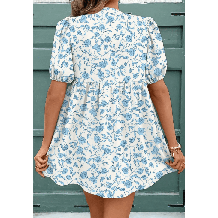 Regan Floral Contrast White Bow Puff Sleeve Mini Dress
