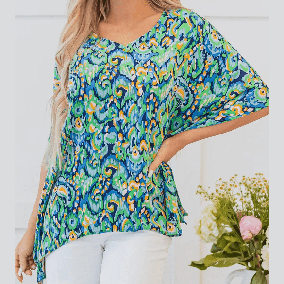 Flossie Green Abstract Print V Neck Half Sleeve Loose Fit Tunic Blouse
