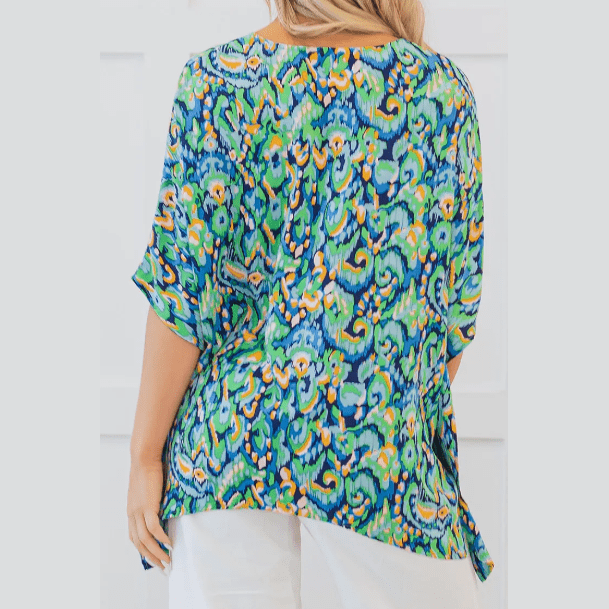 Flossie Green Abstract Print V Neck Half Sleeve Loose Fit Tunic Blouse