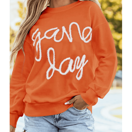 Orange/White Tinsel Game Day Drop Shoulder Graphic Sweatshirt